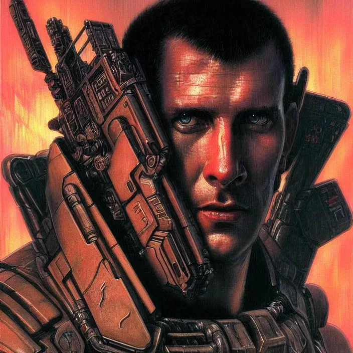 Image similar to excellent painted portrait of a replicant space marine from blade runner (1982), cyberpunk blade runner art, character artwork, 8k resolution artwork, trending on artstation, detailed oil painting portrait, art by artgerm and greg rutkowski and alphonse mucha and craig mullins and James Jean and Andrei Riabovitchev and Marc Simonetti and peter mohrbacher, matte painting