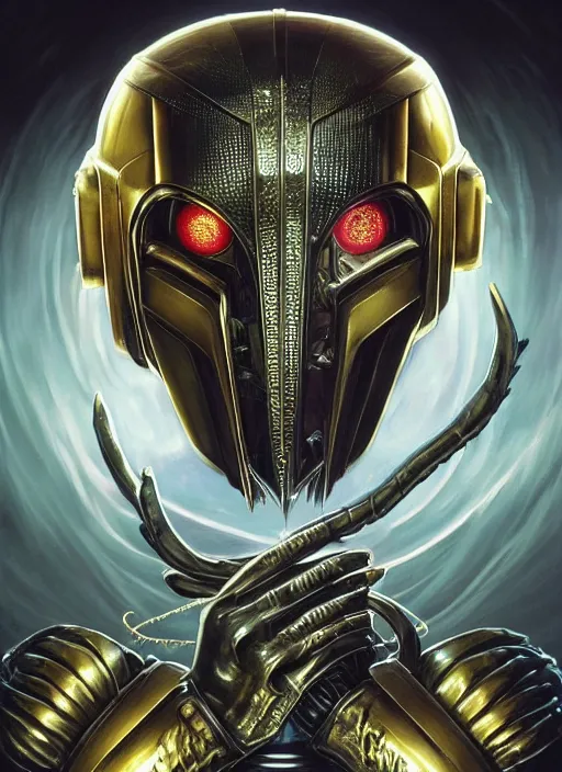 Prompt: dark lovecraft horror machine glowing daft punk eyes, gold and silver chrome armor, elegant, highly detailed, centered, digital painting, artstation, concept art, smooth, sharp focus, illustration, artgerm, tomasz alen kopera, peter mohrbacher, donato giancola, joseph christian leyendecker, wlop, frank frazetta