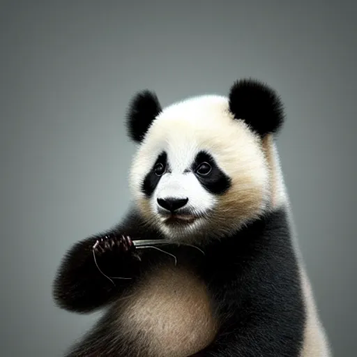 Image similar to photo realistic image of a baby panda, stunning 3 d render inspired art by istvan sandorfi and greg rutkowski, perfect facial symmetry, realistic, highly detailed attributes and atmosphere, dim volumetric cinematic lighting,