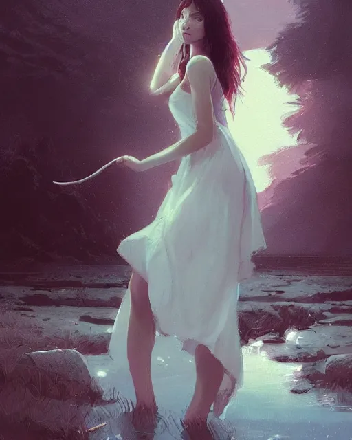 Prompt: beautiful long haired russia girl, water dress, portrait, blood moon in background, highly detailed, digital painting, artstation, concept art, smooth, sharp focus, illustration, art by artgerm and greg rutkowski and makoto shinkai, jeremy lipkin