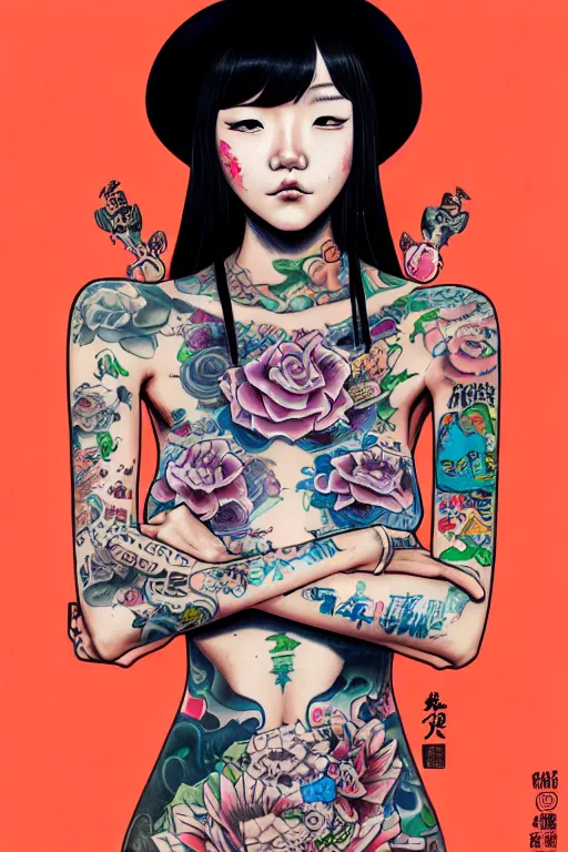 Prompt: full view of taiwanese girl with tattoos, wearing a cowboy hat, style of yoshii chie and hikari shimoda and martine johanna and will eisner, highly detailed