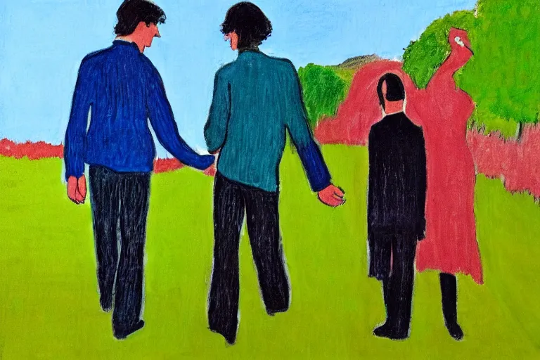 Image similar to a tall man with dark hair holding the hands of a small boy with dark hair as they walk down a suburban highway on a bright beautiful colorful day. part in the style of an edgar degas painting. part in the style of david hockney