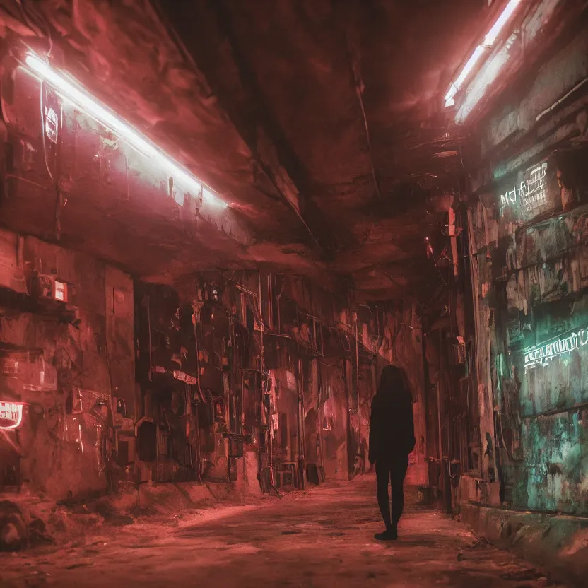 Prompt: a person in a dark tunnel with a light on, cyberpunk art by Elsa Bleda, trending on cg society, light and space, dystopian art, futuristic, circuitry