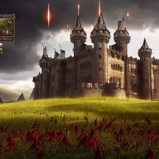 Prompt: a large castle in the middle of a grass field. dark creatures raining down from the black and red sky. thousands of soldiers in shiny armor on the field. octane render, unreal engine, 4 k resolution, ultra detailed, professional lighting, god rays, post processed, sharp focus, art by artgerm and greg rutkowski and alphonse mucha