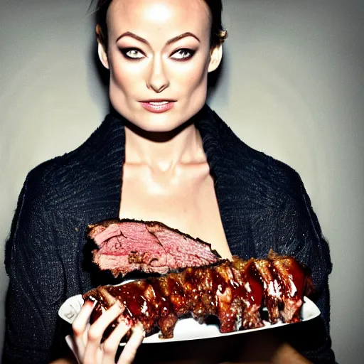 Prompt: photo portrait of Olivia Wilde eating BBQ Ribs, fine art photography light painting in style of Paolo Roversi, professional studio lighting, dark background, hyper realistic photography, fashion magazine style