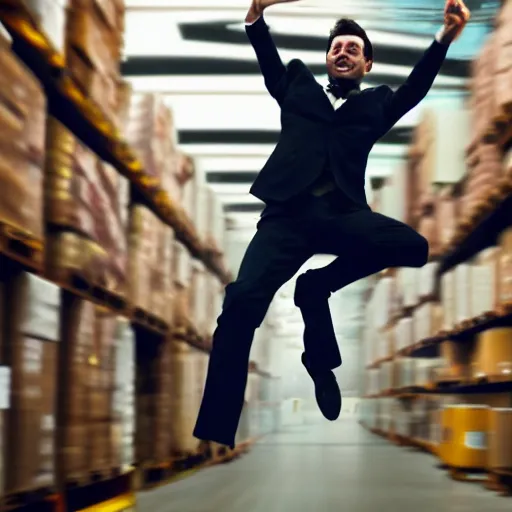 Image similar to an elgant detailed portrait of a man boisterously dancing around the room by himself holding an empty wine bottle as he jumps in the air in a (warehouse), striking artistic concept, perfect composition, detailed facial expression, fine detail, dramatic lighting, award-winning photo UHD, 4K