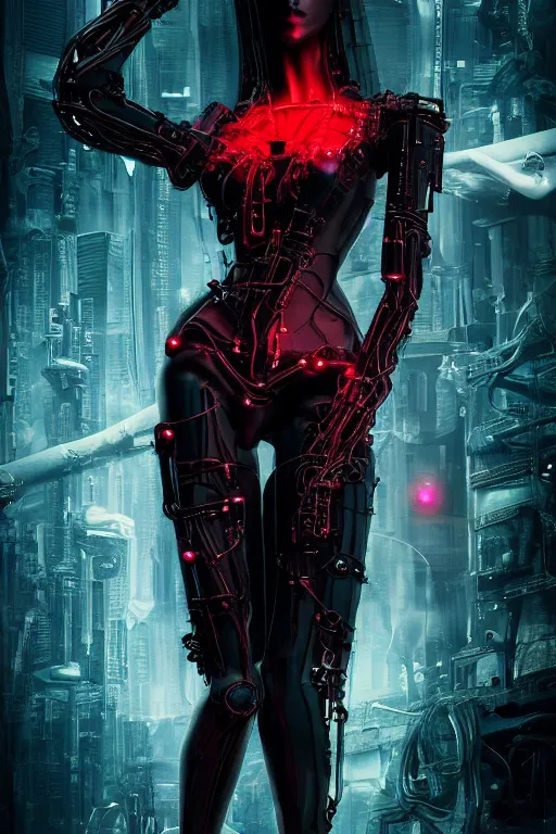 Image similar to full-body cyberpunk style sculpture of a young beautiful dark priestess, half android with a head opening exposing circuitry, glowing red eyes, black roses, flowing blood red colored silk, fabric, candles. baroque elements, human skull. full-length view. baroque element. intricate artwork by caravaggio. crows flying in background. Trending on artstation, octane render, cinematic lighting from the right, hyper realism, octane render, 8k, depth of field, 3D