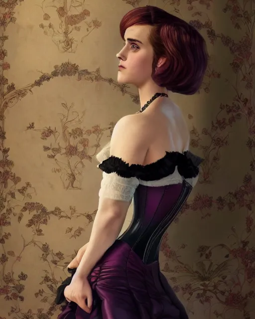 Image similar to full shot portrait painting of very beautiful emma watson standing as black violet maiden in stockings corset noir streets, character design by mark ryden and pixar and hayao miyazaki, unreal 5, daz, hyperrealistic, octane render, cosplay, rpg portrait, dynamic lighting, intricate detail, cinematic