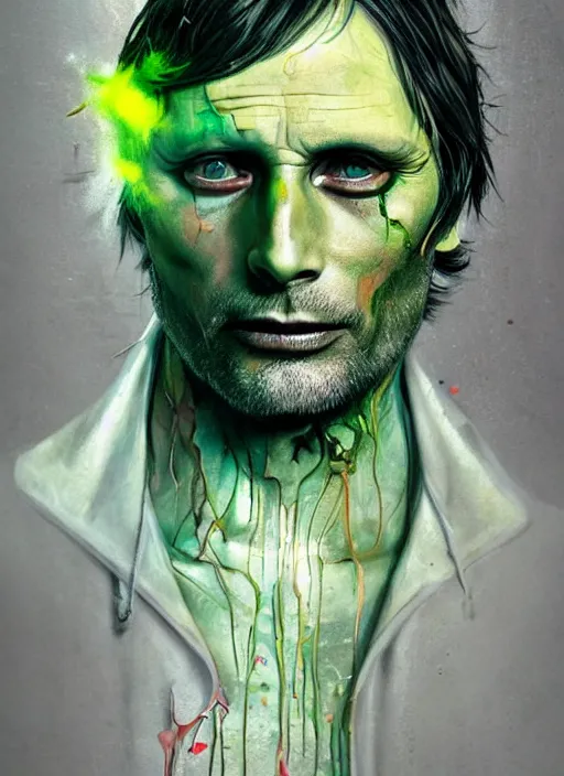 Image similar to a Demon Slayer portrait of Mads Mikkelsen, tall, pale-skinned, slender with lime green eyes and long eyelashes by Stanley Artgerm, Tom Bagshaw, Arthur Adams, Carne Griffiths, trending on Deviant Art, street art, face enhance, chillwave, maximalist, full of color, glittering