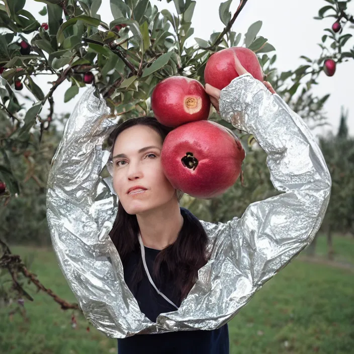 Prompt: a closeup portrait of a woman wearing a helmet made of reflective mylar, picking pomegranates from a tree in an orchard, foggy, moody, photograph, by vincent desiderio, canon eos c 3 0 0, ƒ 1. 8, 3 5 mm, 8 k, medium - format print