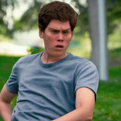 Prompt: Live Action Still of Jerma in Superbad, real life, hyperrealistic, ultra realistic, realistic, highly detailed, epic, HD quality, 8k resolution, body and headshot, film still