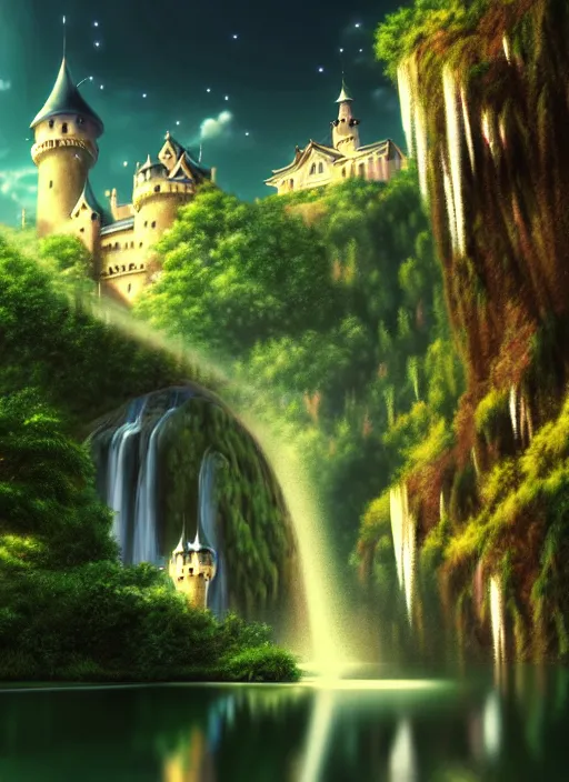 Image similar to magical castle, waterfall, river, nighttime, scenery wallpaper aesthetic, anime style, first person view, beautiful, cinematic, dramatic, super detailed and intricate, hyper realistic, 4 k render, by kentaro miura, by koson ohara, by darwyn cooke