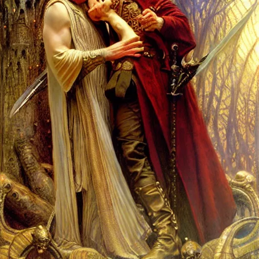 Image similar to stunning arthur pendragon in love with stunning male merlin the mage. they are close to each other. highly detailed painting by gaston bussiere, craig mullins, j. c. leyendecker