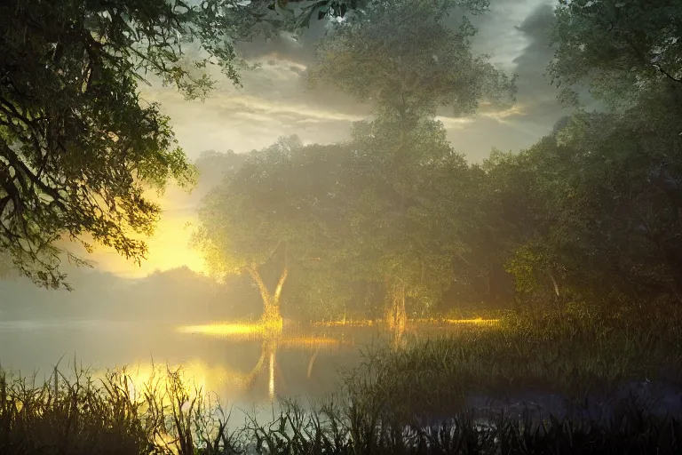 Prompt: a peaceful mangrove tree swamp at night with glowing fireflies, landscape painting, romanticism style, volumetric lighting, unreal engine, cinematic, trending on artstation