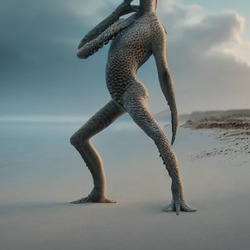 Image similar to stunning cinematic wide shot of a beautiful slick sleek smooth humanoid sea monster wearing clothes made of seaweed on a white sand beach, hands grasping large fulgurites. well designed perfect with slick led eyes, sharp claws, cgsociety, hd octane render, fantasy, furry art, artstation, deviantart, furaffinity, very very clean