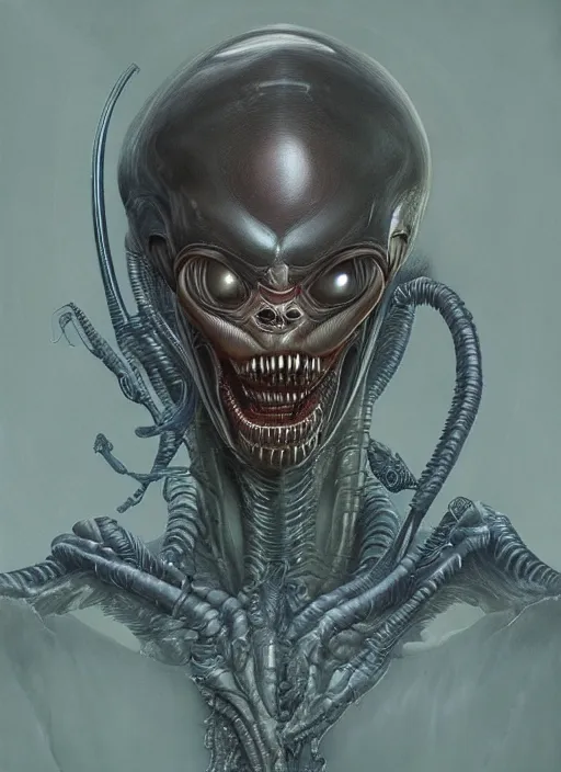 Image similar to a hyper detailed upper body portrait of ellen ripley hybrid xenomorph, by tom bagshaw, by zdzisław beksinski, trending on artstation