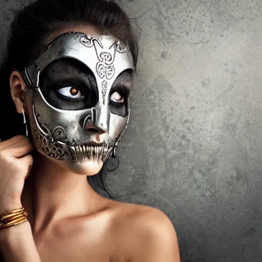 Image similar to A new dark hero for blockbuster movies. A beautiful woman wearing a silver skeletal mask, with an ancients, ultra-detailed pattern. Attractive eyes. A fearless smile. Blurred background. Earrings. Golden