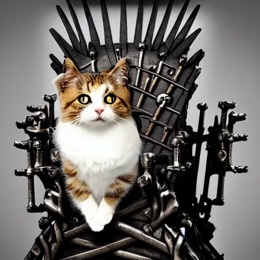 Image similar to a cute cat sitting on the iron throne. high definition