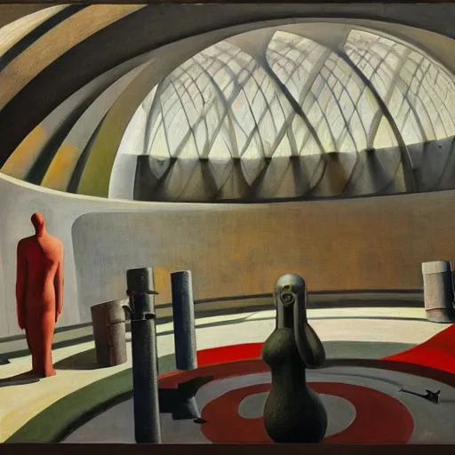 Image similar to three brutalist robotic seers watchers oracles soothsayers inside a dome, pj crook, grant wood, edward hopper, syd mead, chiaroscuro, oil on canvas