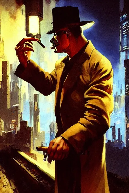 Prompt: A mafia boss lighting a cigar in a cyberpunk setting, by Frank Frazetta, dramatic lighting, high contrast colours, as trending on Artstation, highly detailed,