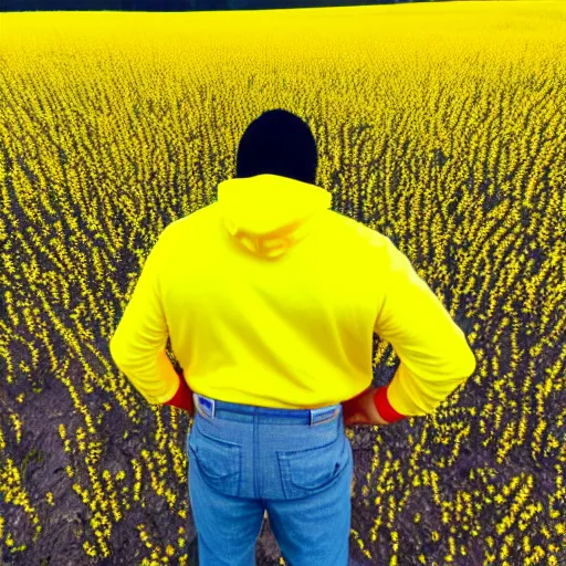 Image similar to an extreme wide shot of a man standing in a yellow field wearing a neon salmon hoodie