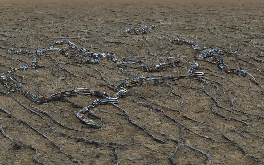 Image similar to robotic centipede travelling across a broken landscape