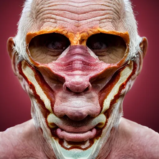 Image similar to an elderly man wearing a mask made from bacon, bold natural colors, national geographic photography, masterpiece, 8 k, raw, unedited, symmetrical balance