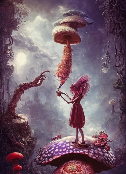 Prompt: Alice in Wonderland giant catepillar smoking a water pipe sitting on a giant mushroom,highly detailed,cinematic,Tarot card,8k,by Stanley Artgermm,Tom Bagshaw,Greg Rutkowski,Carne Griffiths, Ayami Kojima, Beksinski, Giger,trending on DeviantArt,hyper detailed,horror, full of colour