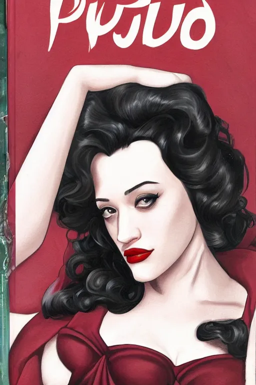 Prompt: A Pulp Noir book cover featuring a portrait of featuring Kat Dennings looking at camera, medium close up, by artgerm
