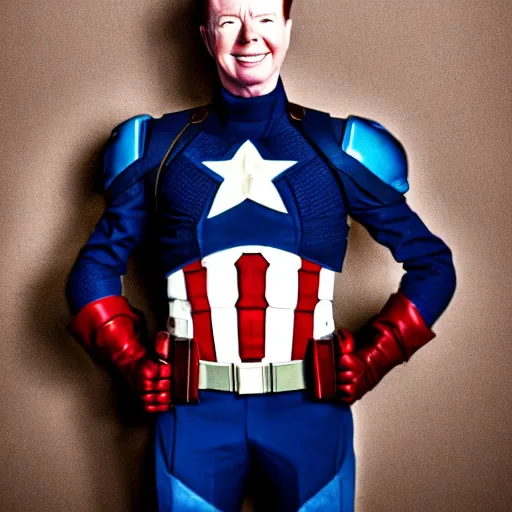 Prompt: a portrait of a Rick Astley as a captain America ,HDR, natural light, shoulder level shot, dynamic pose, award winning photograph, Mucha style, 8k,