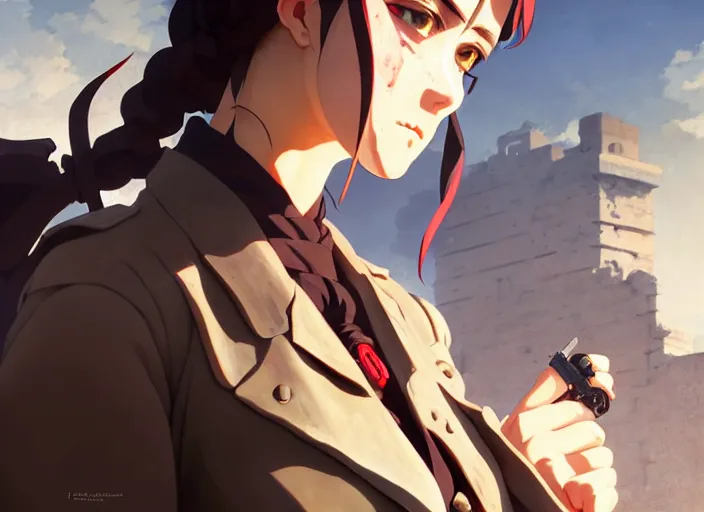 Prompt: a film still portrait of a confident butcher dieselpunk diesel assassin woman, finely detailed features, closeup at the faces, perfect art, at an ancient city, gapmoe yandere grimdark, trending on pixiv fanbox, painted by greg rutkowski makoto shinkai takashi takeuchi studio ghibli, akihiko yoshida