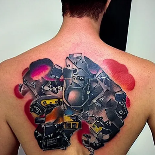 Prompt: backside on the shoulders is a tattoo of a 3 d hole in the skin with multicolored tubes and robotic mechanics and computerparts inside under the skin, insanely integrate,