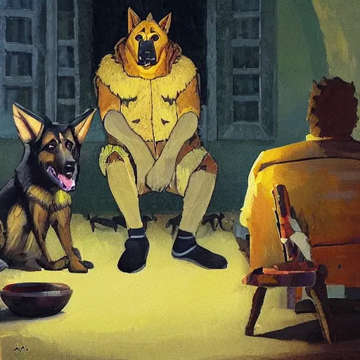 Image similar to a humanoid german shepherd beast - man, sitting and watching a soccer match in his house on television, he has hurt his knee and is a dad, by erin hanson, alexi zaitsev, karl spitzweg, award winning, tv set