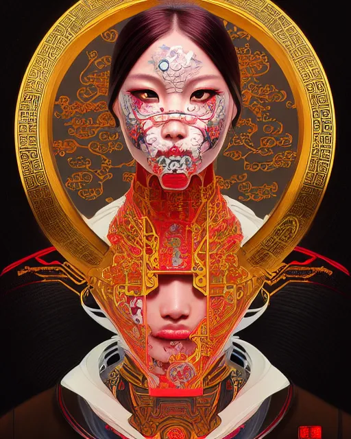 Image similar to portrait of a cyberpunk machine, machine face, upper half portrait, decorated with chinese opera motifs, asian, fine china, wuxia, traditional chinese art, intricate, elegant, highly detailed, symmetry, headpiece, digital painting, artstation concept art smooth sharp focus, illustration, art by artgerm and greg rutkowski alphonse mucha 8 k