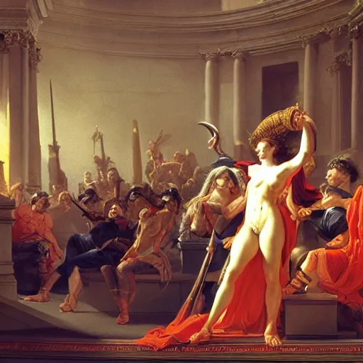 Image similar to grandiloquent enthralling inner sanctum of the most dreadful and beautiful ambition, in the style of Jeff Easley, Jacques-Louis David, Howard Lyon, Élisabeth Vigée Le Brun, dramatic lighting, establishing shot, detailed and clear beautiful realistic faces, 8k resolution – W 1024