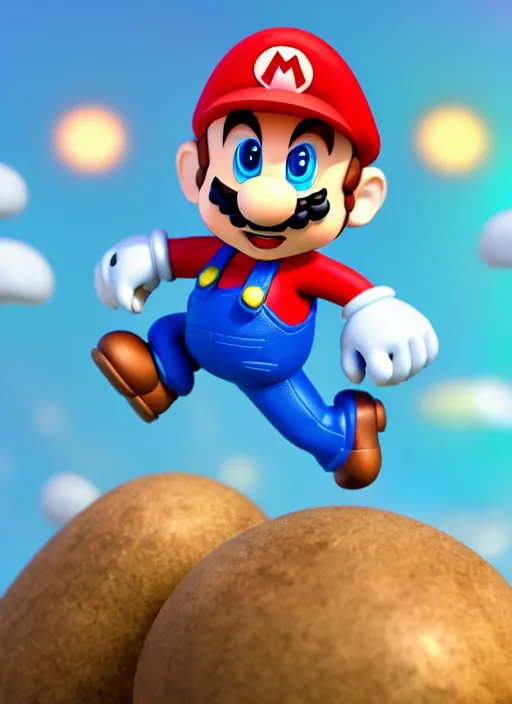 Image similar to super mario as nendoroid, jumping in mushroom kingdom in the croods movie style, anime, disney, pixar, 8 k, hd, dof, kodak film, volumetric lighting, subsurface scattering, photorealistic, octane render, details