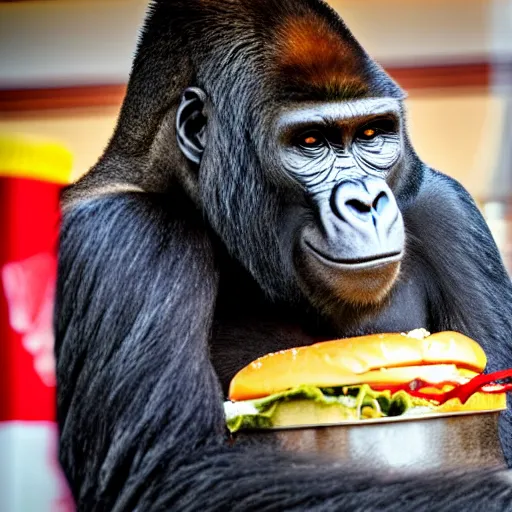 Prompt: detailed sharp photo of a gorilla eating a burger inside a McDonald's in santa fe