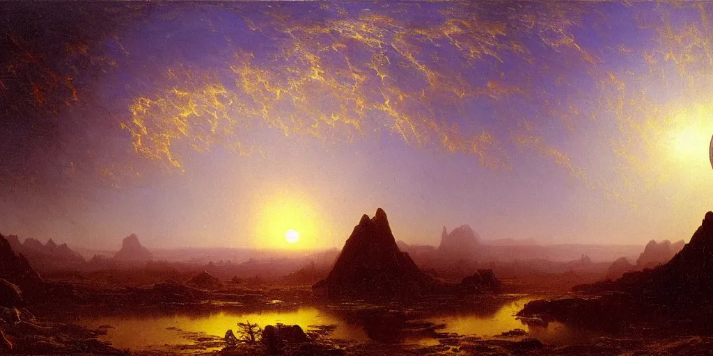 Image similar to landscape image of an extremely alien planet, by Albert Bierstadt