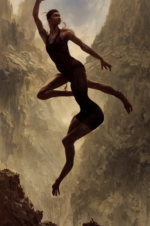 Image similar to a full body portrait of a beautiful post apocalyptic offworld desert gymnast leaping in ballet dance pose by the emerald oasis pools, intricate, elegant, highly detailed, digital painting, artstation, concept art, smooth, sharp focus, illustration, art by krenz cushart and artem demura and alphonse mucha