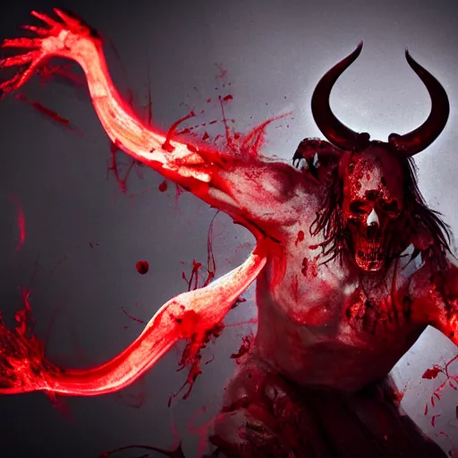 Image similar to god of death, dramatic pose, blood splatters, horns, red, 8 k, hyperrealistic, octane render, dramatic