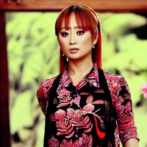 Image similar to Ayumi Hamasaki wearing batik shirt , film still, best scene,