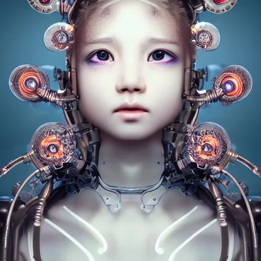 Prompt: stunning hyperdetailed upclose symmetrical portrait of 1 4 year old asian cyborg girl with translucent porcelain skin, lush thick hair, big electric eyes, ultra detailed ornate neon wire lacing, ultra detailed steampunk cyborg implants, complex white nano mechanical flowers, micro detail, by satoshi kon, sharp focus, trending on artstation hq, deviantart, pinterest, 8 k