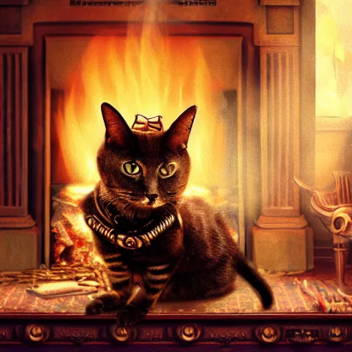 Image similar to steampunk cat sits in a chair in front of a fireplace in a book lined room and smokes a pipe, high realistic, high detailed, octane render