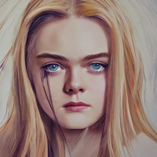 Image similar to professional painting of Elle Fanning in the style of Mike Deodato, head and shoulders portrait, symmetrical facial features, smooth, sharp focus, illustration, intricate, stormy weather, extremely detailed masterpiece,