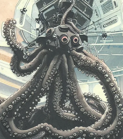 Image similar to a cybernetic realistic octopus in a space station, techwear, Industrial Scifi, detailed illustration, character portrait, by Ashley Wood and Moebius