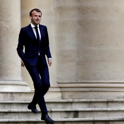 Prompt: emmanuel macron getting kicked out of the elysee palace, full body shot, highly - detailed, sharp focus, award - winning