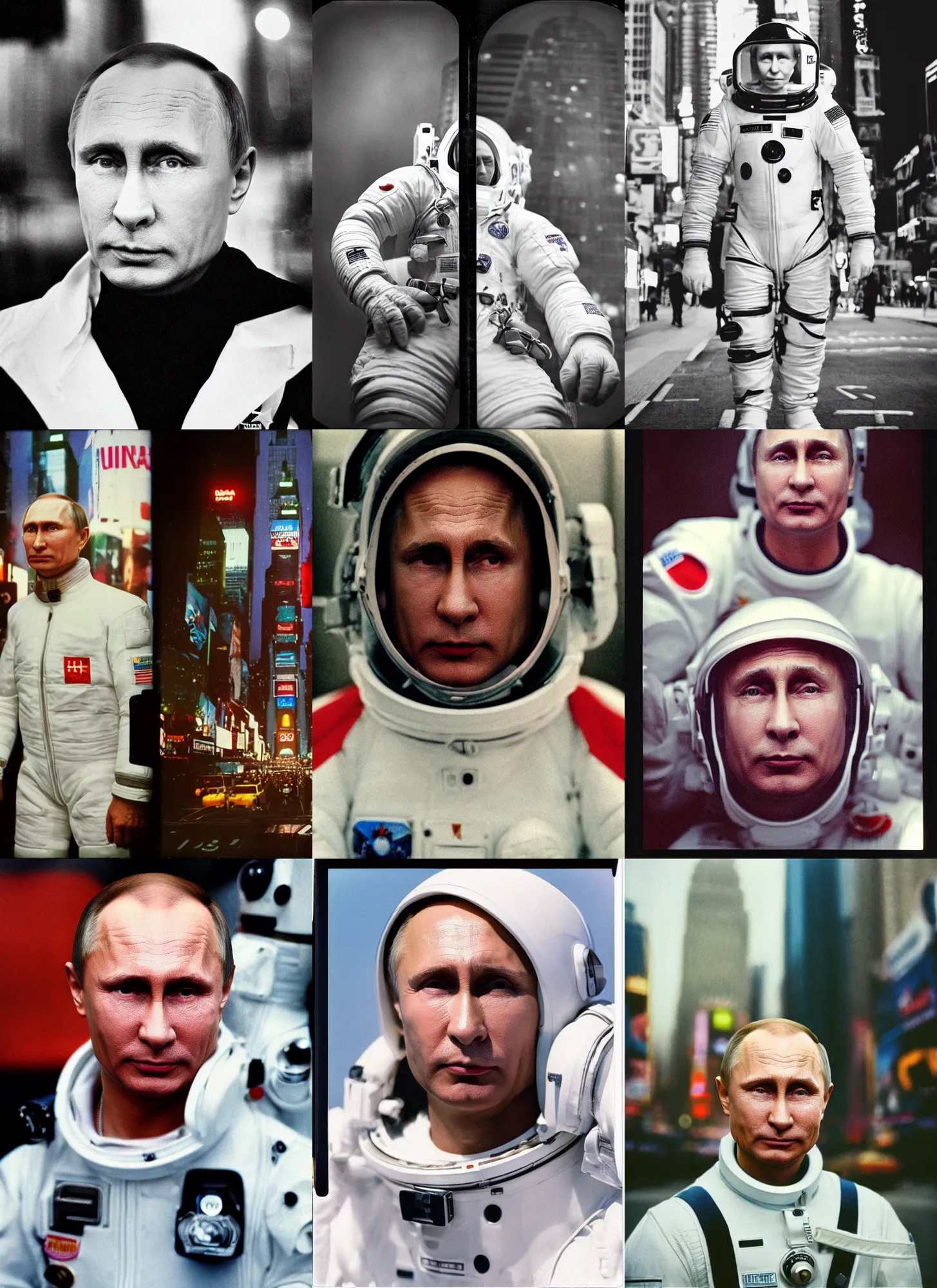 Prompt: macro head shot, of vladimir putin in white spacesuit, in times square, very realistic, cinematic focus, polaroid photo, vintage, neutral colors, soft lights, by gregory crewdson