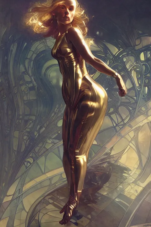 Image similar to dynamic pose, intricate, futuristic, fantasy, by stanley artgerm lau, greg rutkowski, alphonse mucha,, thierry mugler, norman rockwell, 3 d,