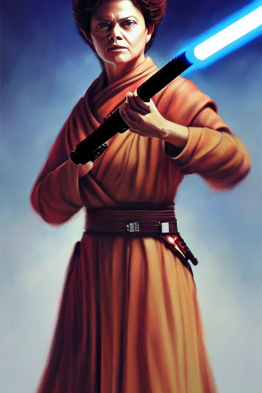 Prompt: breathtaking detailed concept art painting of a jedi dilma rousseff holding a lightsaber, by hsiao - ron cheng, exquisite detail, extremely moody lighting, 8 k