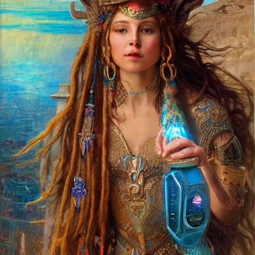 Prompt: artstation, intricate details, hyper details, by gaston bussiere, tan skin sumerian mystic lady of elche, egyptian sumerian features, techno mystic intergalactica electronic pop star, wear labradorite armor with aqua neon rapunzel dreadlocks,